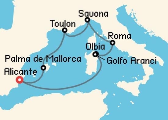 Itinerario del Crucero Mediterráneo desde Alicante Costa Cruceros