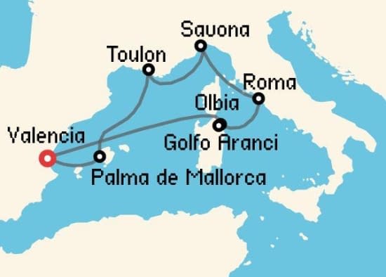 Itinerario del Crucero Mediterráneo desde Valencia Costa Cruceros