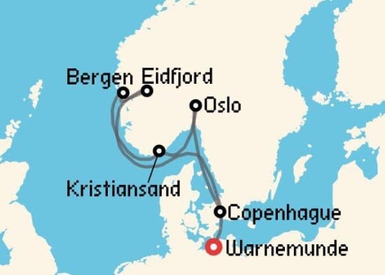 Itinerario del Crucero Fiordos Noruegos desde Warnemunde - Berlín MSC Cruceros