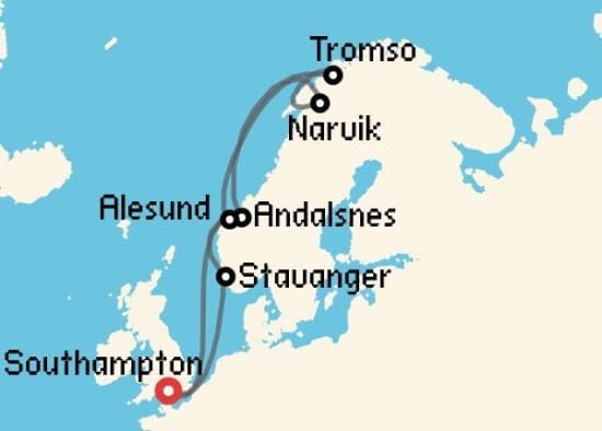 Itinerario del Crucero Fiordos Noruegos desde Southampton Cunard