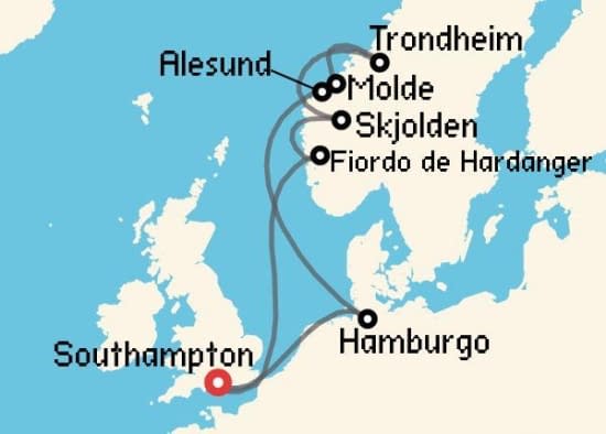 Itinerario del Crucero Fiordos Noruegos desde Southampton Cunard