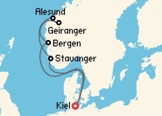 Itinerario del Crucero Fiordos Noruegos desde Kiel Aida Cruises