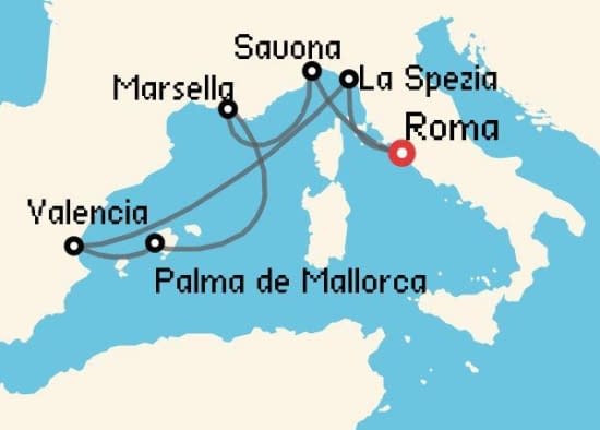 Itinerario del Crucero Mediterráneo desde Roma - Civitavecchia Costa Cruceros