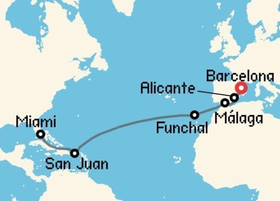 Itinerario del Crucero Transatlánticos desde Barcelona Oceania Cruises